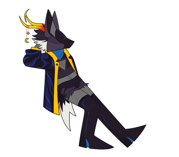 A cartoony drawing og a hairy troll wearing a dog mask. He wears knee high boots, a flashy coat and decoration on his horns.