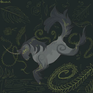 A sketchy picture of a gray unicorn prancing on leaves.
