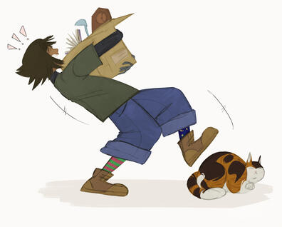 A person carrying a box almost tripping on a fat calico cat.